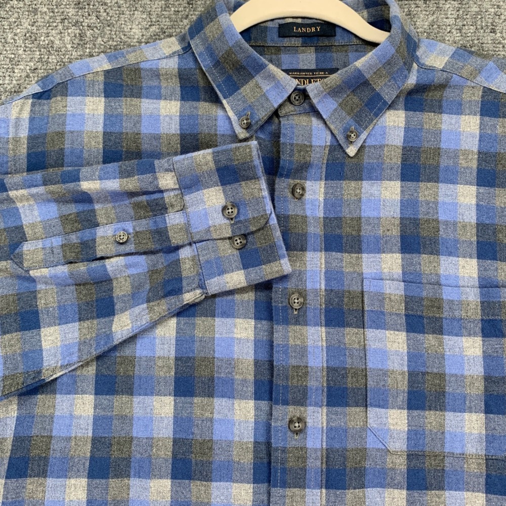 Pendleton Landry Button Down Mens Large Blue Grey Plaid Excellent Long Sleeve
